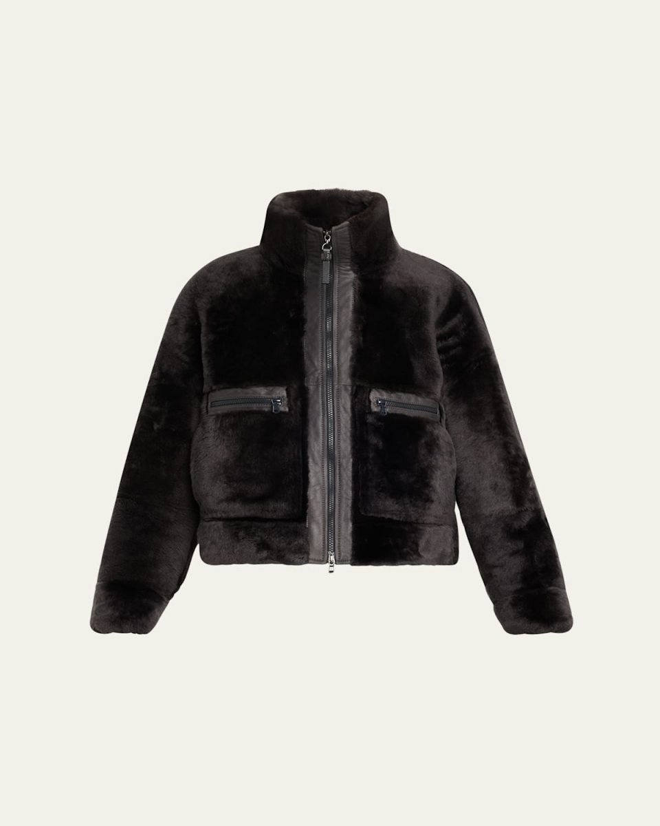 Shearling Velour Leather Zip Pocket Jacket